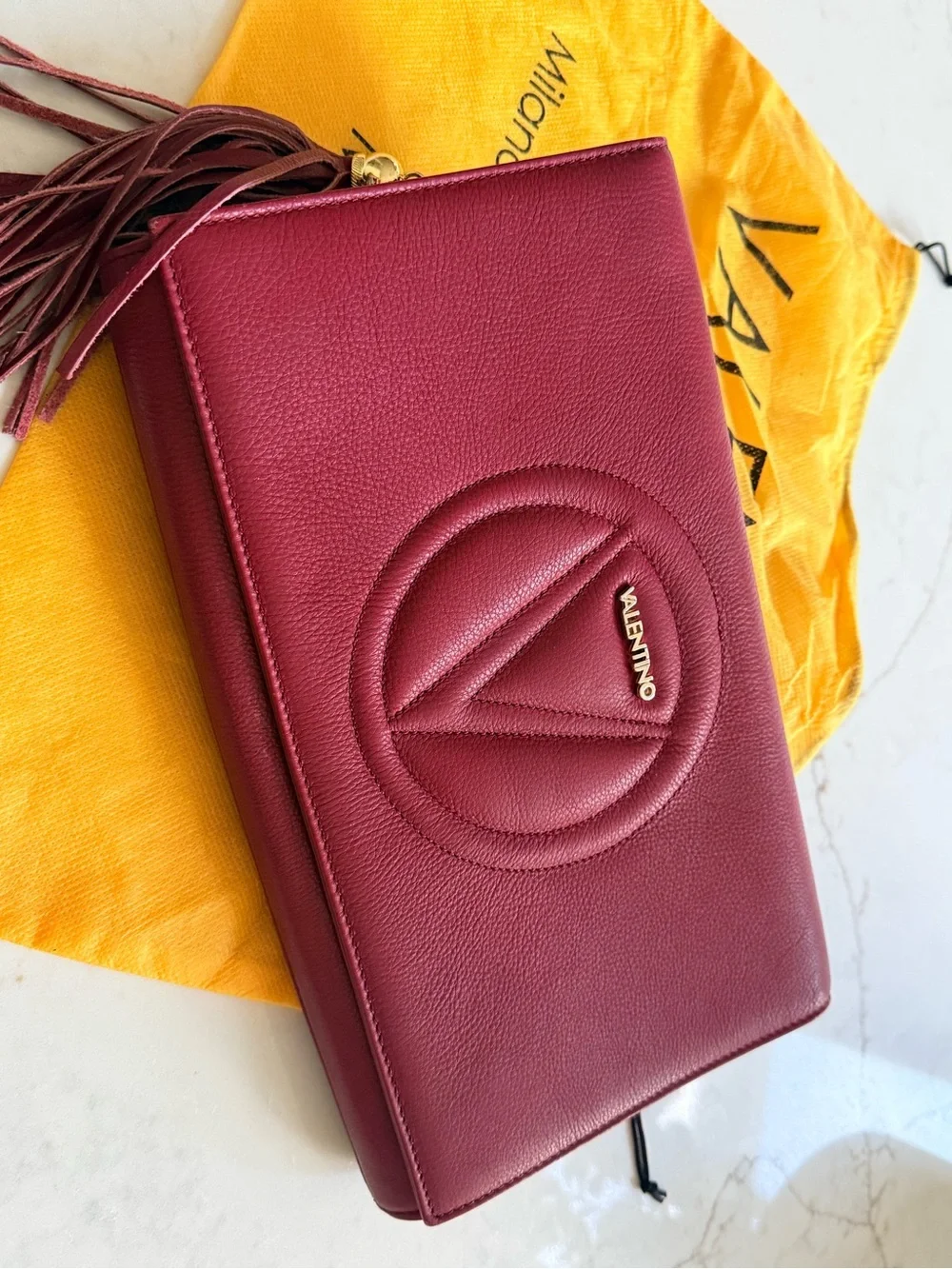 Valentino Burgundy Leather Wristlet Clutch with Tassel